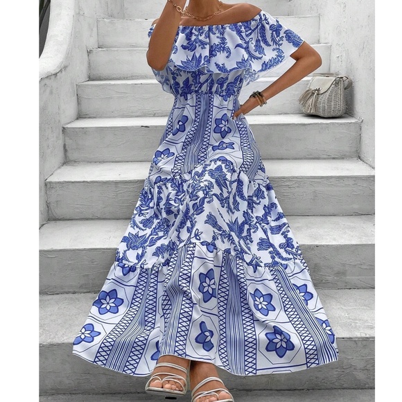 Boho Floral Tropical Print Off Shoulder Maxi Dress - Picture 3 of 5